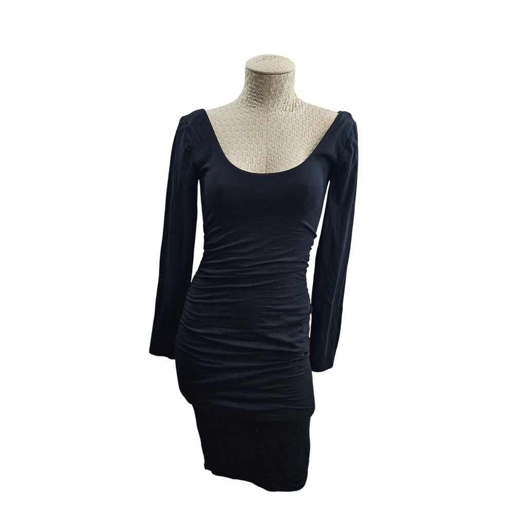 Boden Bodycon Dress Womens 2 Black Solid Ruched Long Sleeve Scoop Neck Low Back